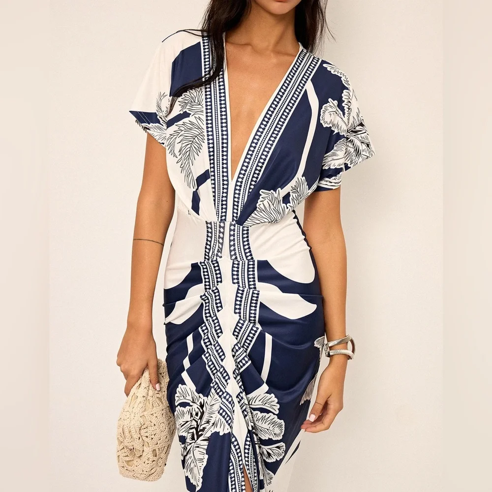 Commense Printed Deep V-Neck Midi Dress - Picture 2 of 8